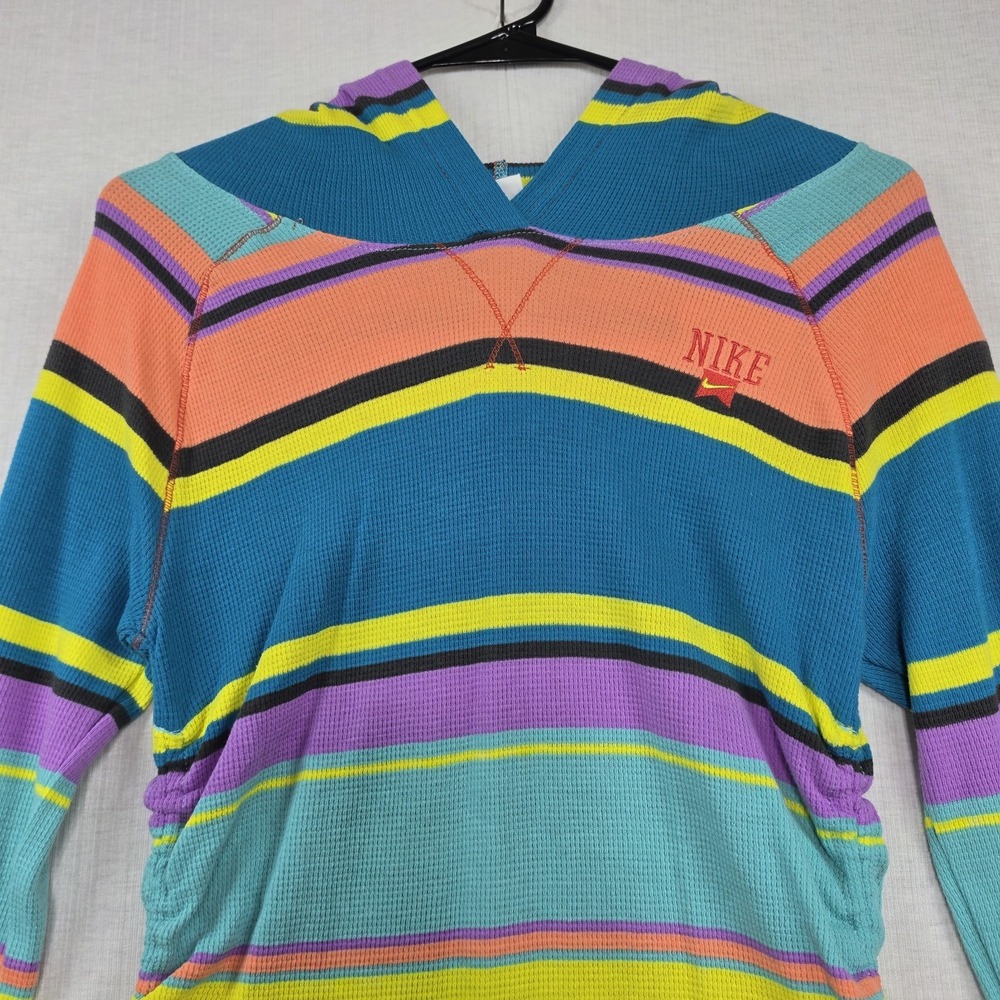 Nike Multicolor Striped Waffle Knit Ruched Hoodie Long Sleeve Shirt L Skate Y2K - Picture 2 of 9